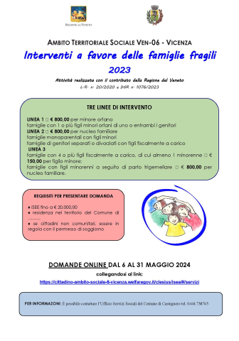 Avviso Pubblico - Programma Di Interventi Economici A Favore Delle Famiglie Fragili Residenti In Veneto Anno 2023